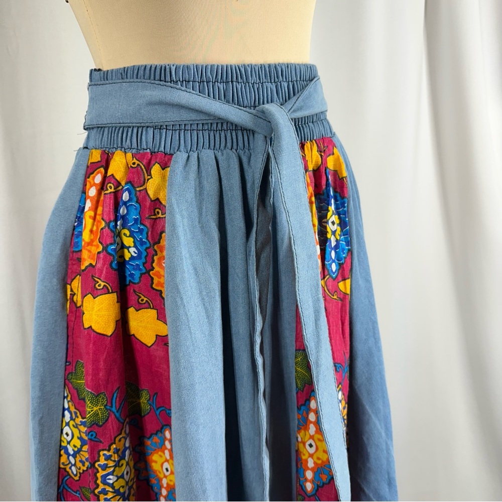 Boho Patchwork Denim Maxi Skirt Dashiki Tribal Print Elastic Waist One Size - Picture 2 of 10